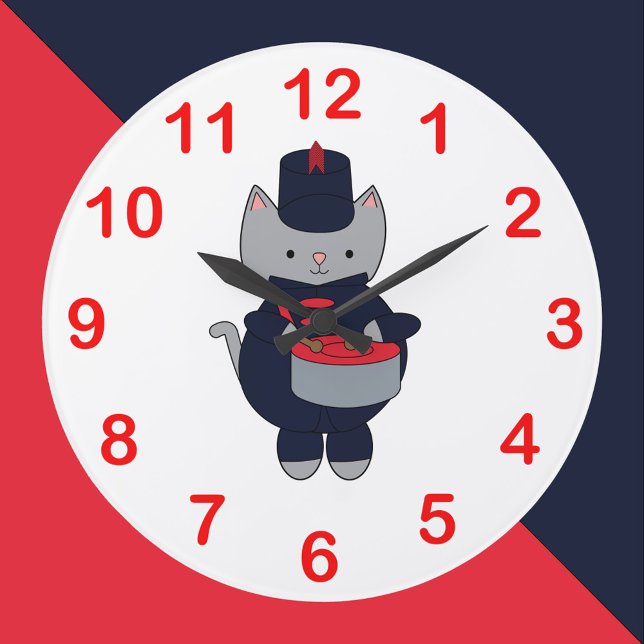 Marching Band Drummer Cat Navy Blue Red Large Clock (A clock featuring a cat playing the snare drum in navy blue & red marching band uniform.)