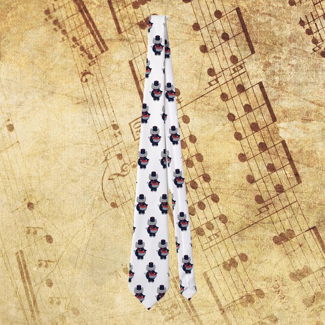 Marching Band Drummer Cat Navy Blue Red Neck Tie (A tie with a pattern of gray cats playing the snare drum in a navy blue & red marching band uniform.)