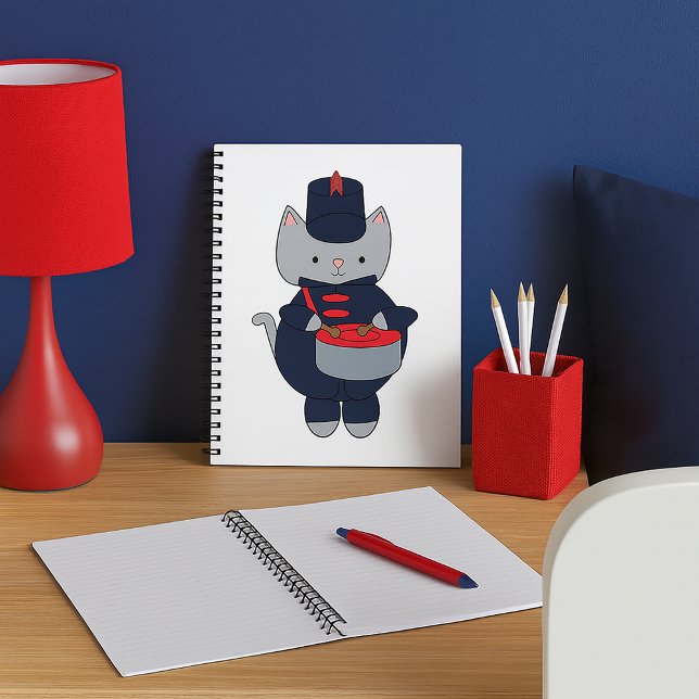 Marching Band Drummer Cat Navy Blue Red Notebook (A notebook featuring a gray cat in a navy blue & red marching band uniform playing a snare drum.)
