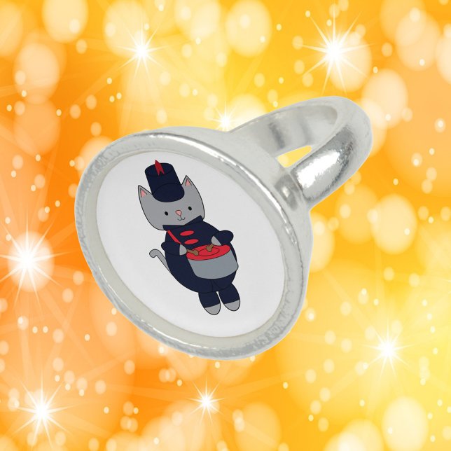 Marching Band Drummer Cat Navy Blue Red Ring (A ring with a cat playing a snare drum in a navy blue & red marching band uniform.)