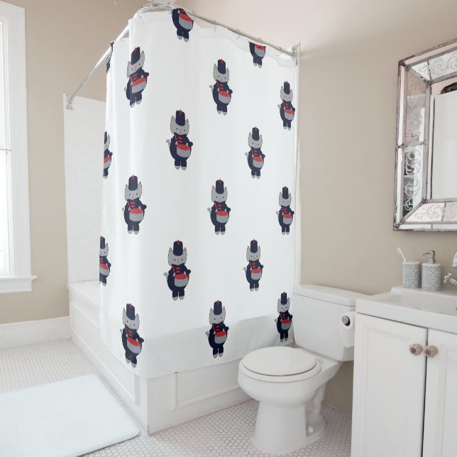 Marching Band Drummer Cat Navy Blue Red Shower Curtain (In Situ)