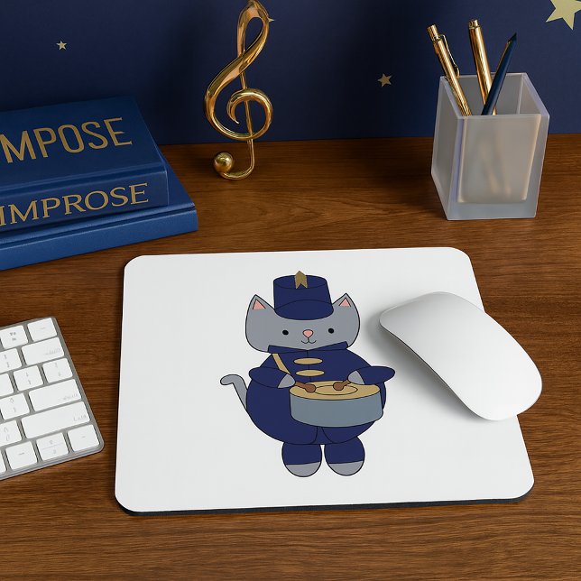 Marching Band Drummer Gray Cat Navy Blue Gold Mouse Pad (A mouse pad with a snare playing cat in a navy blue & gold marching band uniform.)