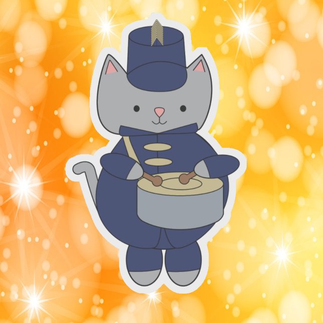 Marching Band Gray Cat Drum Navy Blue Gold Sticker (A die cut sticker of a cat playing a snare drum in a navy blue & gold marching band uniform.)