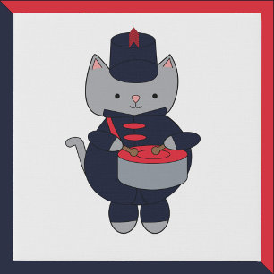 Marching Band Gray Cat Drums Navy Blue Red Faux Canvas Print
