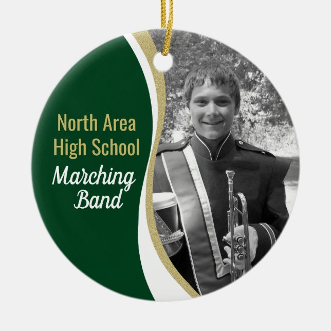 Marching Band Green and Gold Photo Ceramic Ornament (Front)