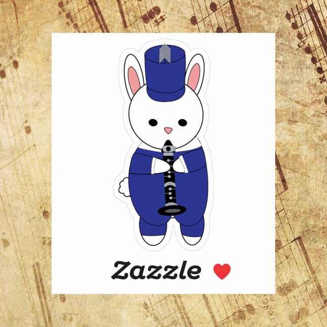 Marching Band Rabbit Clarinet Blue and White Sticker (A die cut sticker of a rabbit playing the clarinet in a blue and white marching band uniform.)