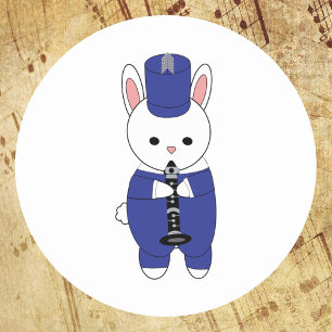 Marching Band Rabbit Clarinet Blue White Classic Round Sticker