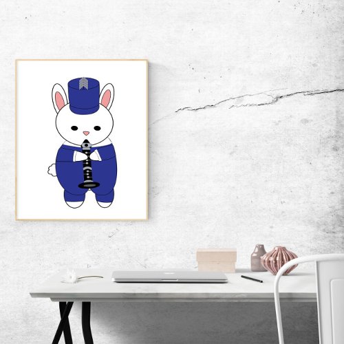 Marching Band Rabbit Clarinet Blue White Poster