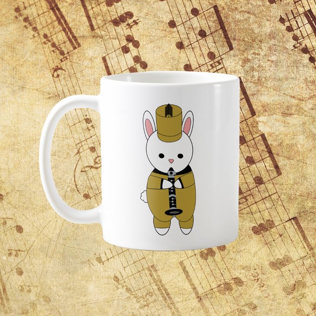 Marching Band Rabbit Clarinet Gold Black Coffee Mug (A mug with a bunny playing the clarinet in a gold and black marching band uniform.)