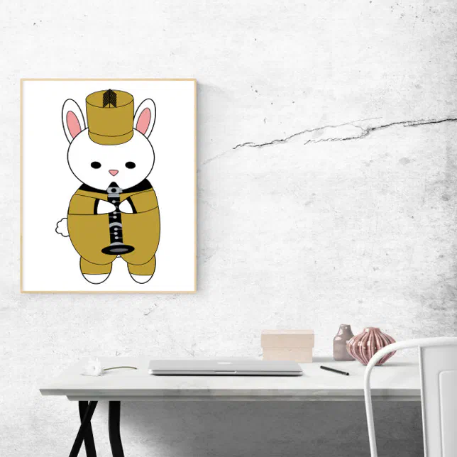 Cartoon Marching Rabbit Marching Band Rabbit Clarinet Gold Yellow Black Poster | Zazzle