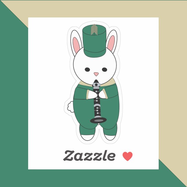 Marching Band Rabbit Clarinet Green Gold Sticker (A sticker of a white bunny playing the clarinet wearing a green & gold marching band uniform.)