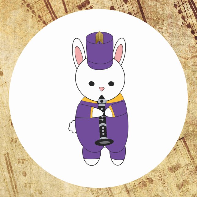 Marching Band Rabbit Clarinet Puprle Yellow Classic Round Sticker (A sticker of a clarinet playing bunny rabbit in a purple and yellow gold marching band uniform.)