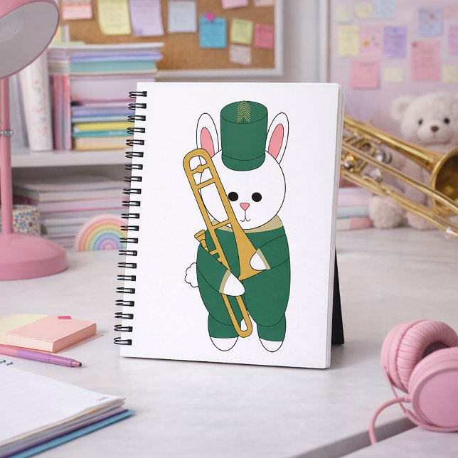 Marching Band Rabbit with Trombone in Green Gold Notebook (A notebook with a rabbit wearing a green & gold marching band uniform while holding a trombone.)