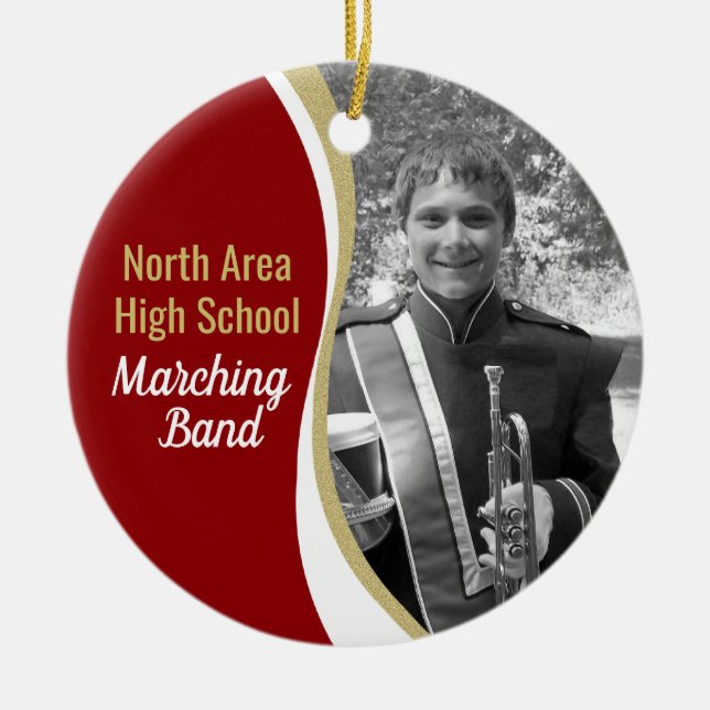 Marching Band Red and Gold Photo Ceramic Ornament (Front)