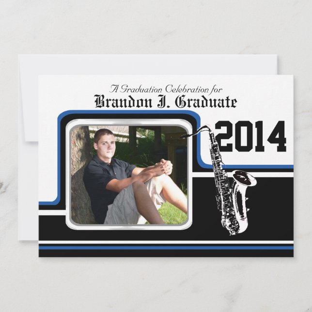 Marching Band Saxophone Graduation Photo Blue Invitation (Front)