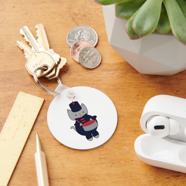 Marching Band Snare Drum Cat Navy Blue Red Keychain (Desk)