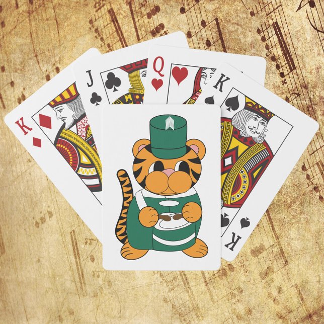 Marching Band Tiger Drummer Green and White Poker Cards (Playing cards featuring a tiger in a green & white marching band uniform while playing drums.)
