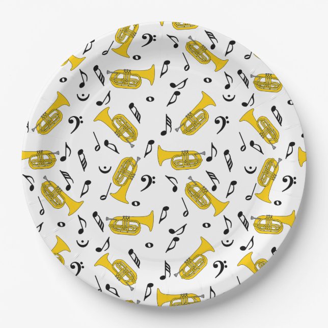 Marching Baritone Music Notes Bass Clefs Paper Plates (Front)