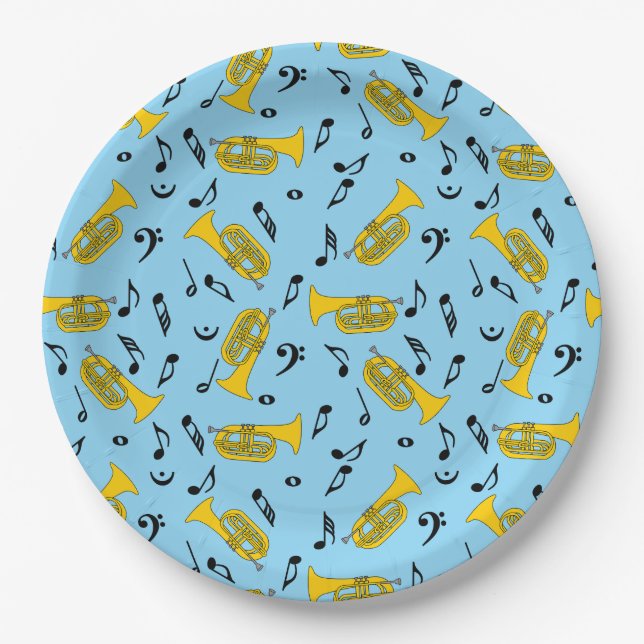 Marching Baritone Music Notes Bass Clefs Paper Plates (Front)