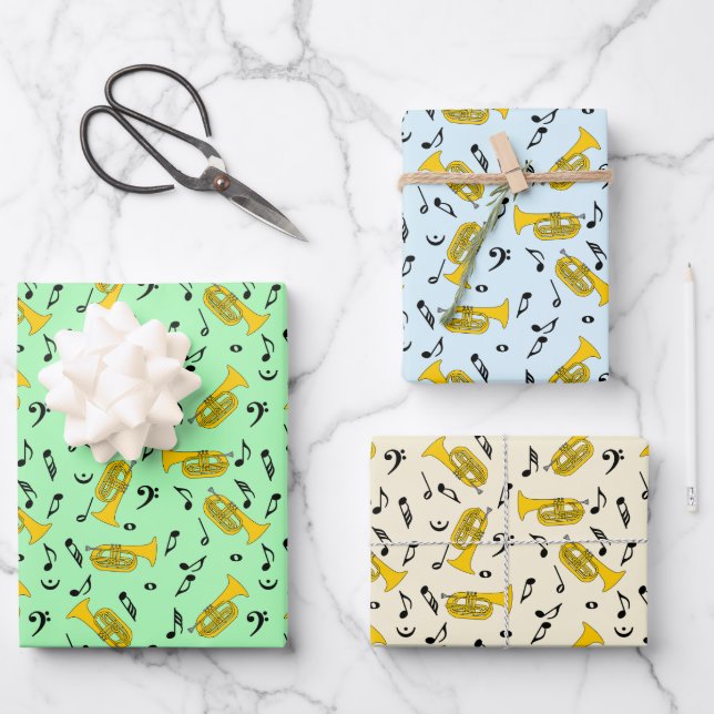 Marching Baritone Music Notes Bass Clefs Wrapping Paper Sheets (Front)