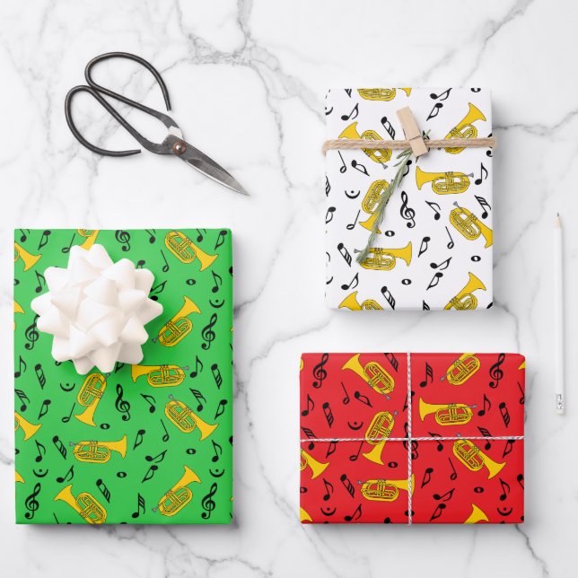 Marching Baritone Music Notes Treble Clefs Wrapping Paper Sheets (Front)