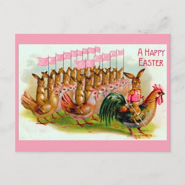 marching Easter bunny and chickens Postcard (Front)