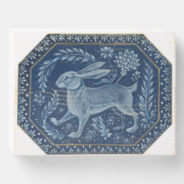 Marching Rabbit Art Blue & White Rustic Art Wooden Box Sign (Front Horizontal)