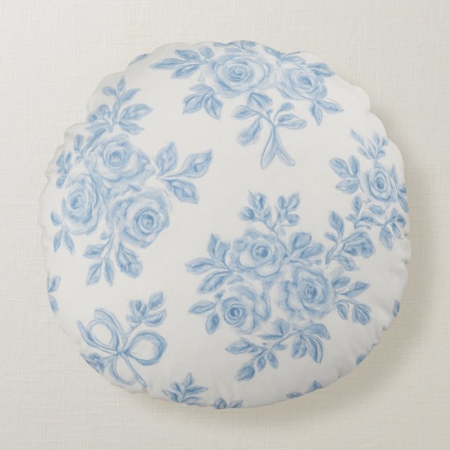 Marcie and Lour Blue Floral Round Pillow (Front)