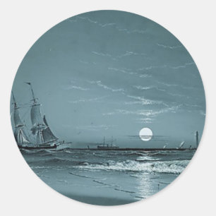 Marcus Larson entrance-to-harbor-moonlight-1881 mo Classic Round Sticker