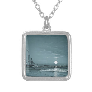 Marcus Larson entrance-to-harbor-moonlight-1881 mo Silver Plated Necklace