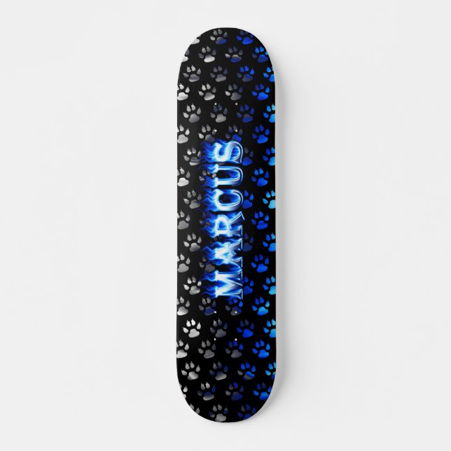 Marcus skateboard blue fire and flames design (Front)