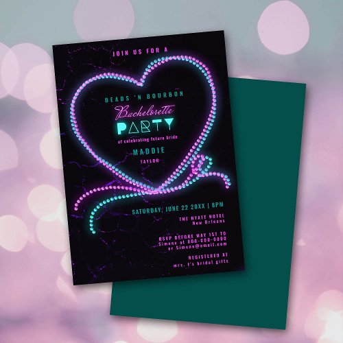 Mardi Beads Bourbon Neon Heart Bachelorette Party Invitation