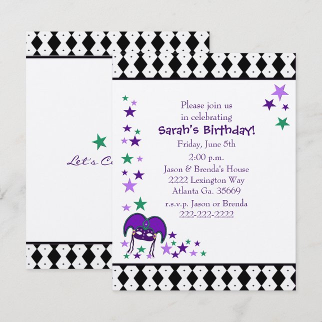 Mardi Gra Theme Birthday party Invitation (Front/Back)