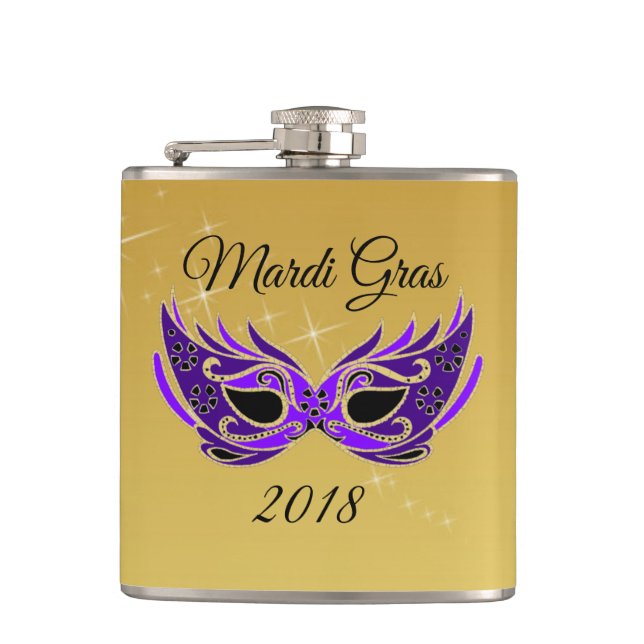 Mardi Gras 2018 Mask on Gold Hip Flask (Front)