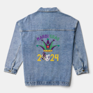 Mardi Gras 2024 Jester Hat Beads New Orleans Carni Denim Jacket
