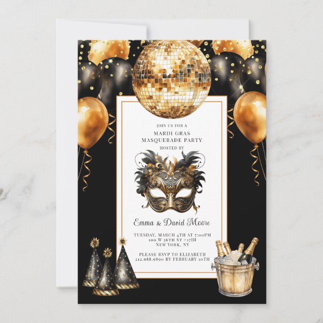 Mardi Gras 2026 Black Gold Glitter Invitation (Front)