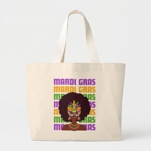 MARDI GRAS Afro Queen Large Tote Bag (Front)