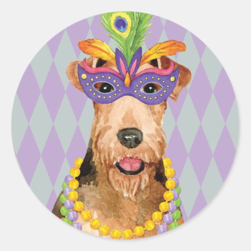 Mardi Gras Airedale Classic Round Sticker