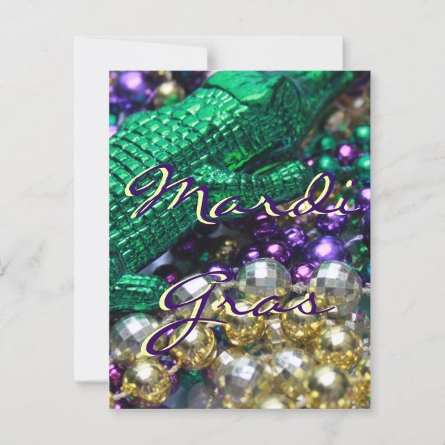 Mardi Gras Alligator Custom Party Card Invites (Front)
