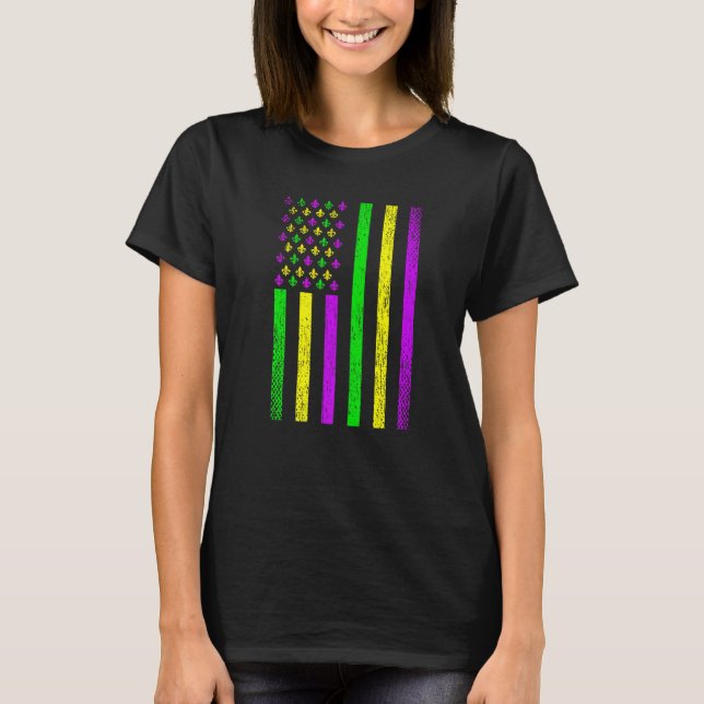 Mardi Gras American Flag USA Distressed Fleur De L T-Shirt (Front)