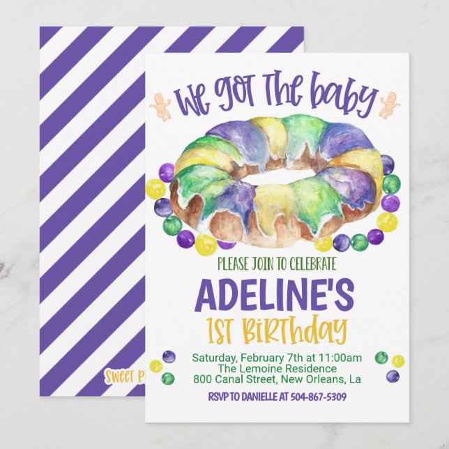 Mardi Gras Baby First Birthday Invitation (Front/Back)