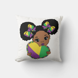 Mardi Gras Baby Girl Holding Heart Throw Pillow
