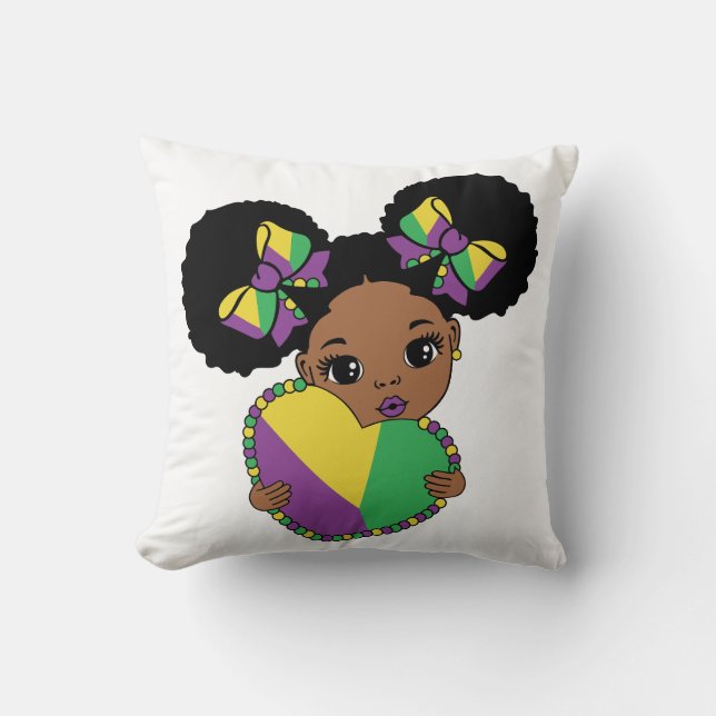Mardi Gras Baby Girl Holding Heart  Throw Pillow (Front)