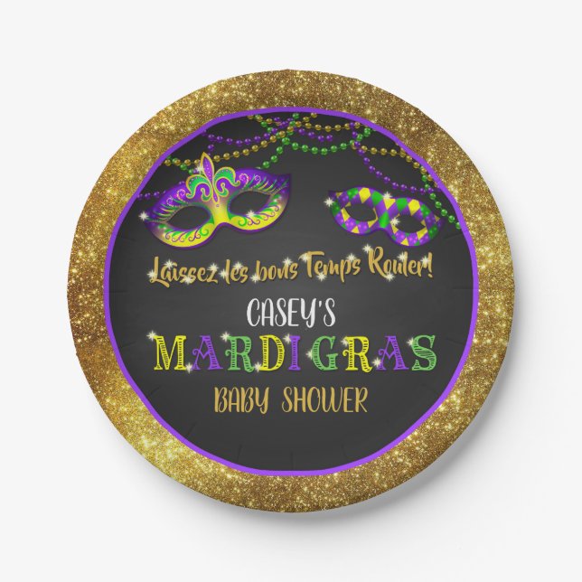 Mardi Gras Baby Shower (Gold) Paper Plates (Front)