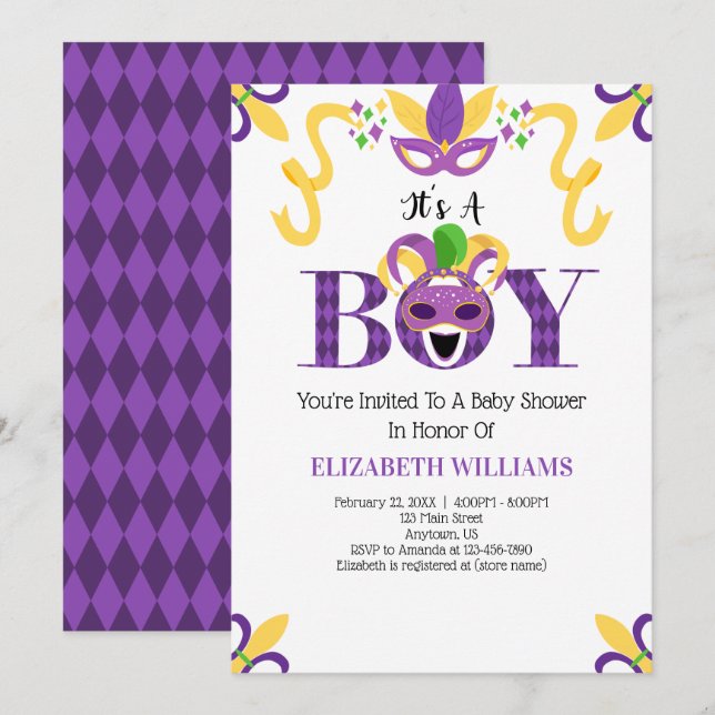 Mardi Gras Baby Shower It's A Boy Invitation (Front/Back)