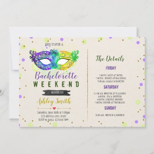 Mardi gras bachelorette Itinerary invitation