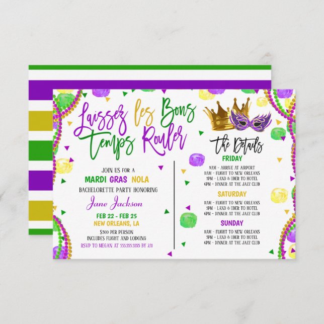 Mardi Gras Bachelorette Weekend Party Invitation (Front/Back)