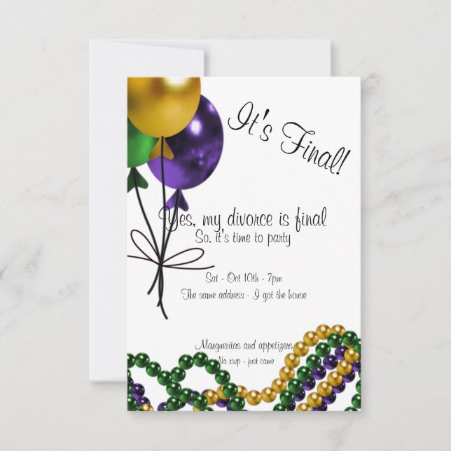 Mardi Gras Balloons Divorce Party Invitation (Front)