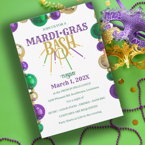 Mardi Gras Bash New Orleans Beads Party Invitation