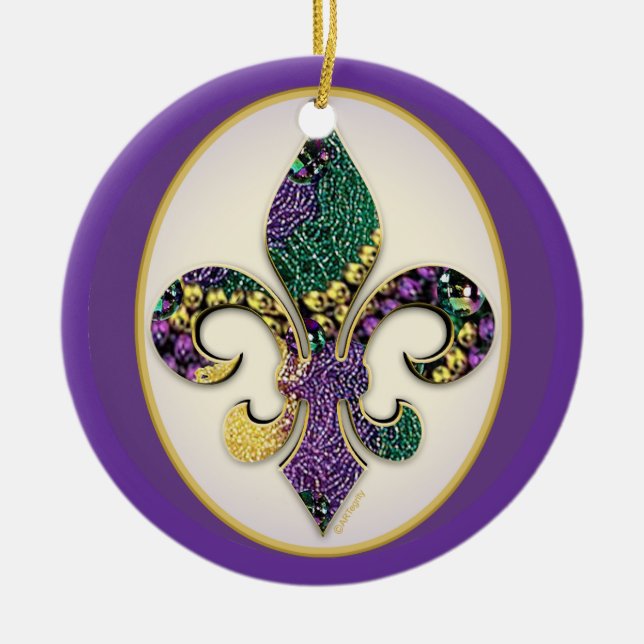 Mardi Gras Bead Fleur de lis Ceramic Ornament (Front)